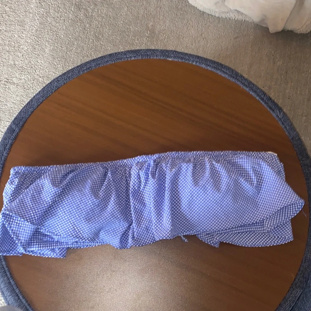 J. Crew Blue & White Ruffle bandeau bikini top in tiny gingham. Size XL.